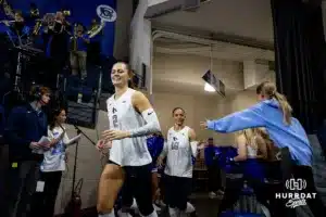 Creighton Bluejay outside hitter Norah Sis (2) runs out to the court to take on the St. John's Red Storm during a college volleyball match Friday, November 1, 2024, in Omaha, Nebraska. Photo by John S. Peterson.