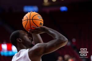 Nebraska Cornhusker forward Juwan Gary (4) warms up his three point shot before taking on Bethune-Cookman Wildcats during a college baskteball game Saturday, November 9, 2024, in Lincoln, Nebraska. Photo by John S. Peterson.