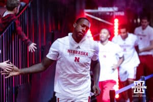 Nebraska Cornhusker forward Juwan Gary (4) leads the Huskers out to take on the Fairleigh Dickinson Knights during a college basketball game Wedday, November 13, 2024, in Lincoln, Nebraska. Photo by John S. Peterson.