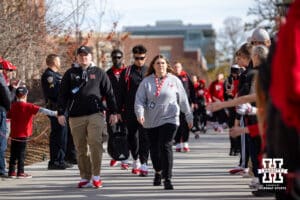 Nebraska Cornhusker quarterback Dylan Raiola (15) walking in the Legacry Walk to the stadium before a college football game against the Wisconsin Badgers Saturday, November 23, 2024 in Lincoln, Nebraska. Photo by John S. Peterson.