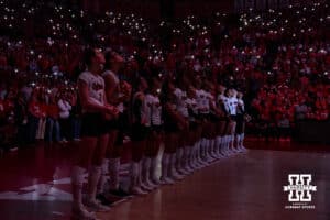 Nebraska Cornhuskers line up for introduction before taking on the Wisconsin Badgers on Senior Night during a college volleyball match Saturday, November 23, 2024 in Lincoln, Nebraska. Photo by John S. Peterson.