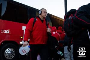 Nebraska Cornhuskers defensive lineman Ty Robinson (9) arrives at the stadium to take on the Iowa Hawkeyes during a college football game Friday, November 29, 2024, in Iowa City, Iowa. Photo by John S. Peterson.