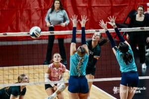 EMF spikes the ball agianst Southwest during the semi-finals of the 2024 NSAA Volleyball Championships Friday, November 8, 2024, in Lincoln, Nebraska. Photo by Mike Sautter.