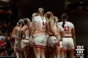 Nebraska Cornhuskers huddle up before taking on South Dakota during a college women's basketball game Saturday, November 16, 2024 in Sioux Falls, South Dakota. Photo by Collin Stilen.