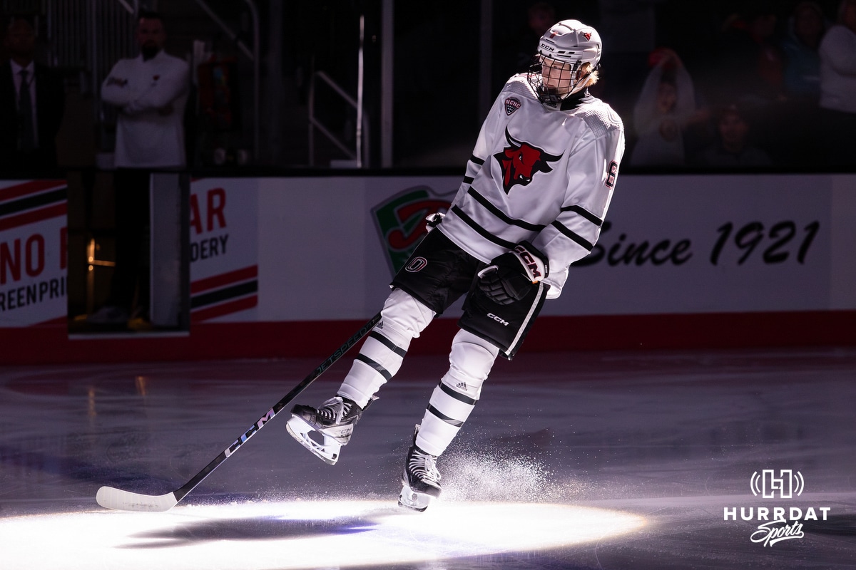 Omaha Maverick forward Zach Urdahl (6) introduced during a college hockey match against Western Michigan Friay, November 8, 2024 in Omaha, Nebraska. Photo by Jaelle Johnson.