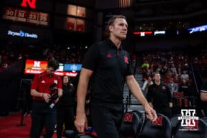 Nebraska Cornhusker head coach Fred Hoiberg walks out to the court to take on the Fairleigh Dickinson Knights during a college basketball game Wedday, November 13, 2024, in Lincoln, Nebraska. Photo by John S. Peterson.