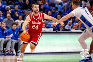 Nebraska Cornhusker guard Rollie Worster (24) dribbles the ball against Creighton Bluejay guard Steven Ashworth (1) in the first half during a college basketball game Friday, November 22, 2024 in Omaha, Nebraska. Photo by John S. Peterson.