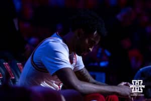 Nebraska Cornhuskers guard Brice Williams (3) waiting for inductions before taking on the South Dakota Coyotes during a college basketball game Wednesday, November 27, 2024, in Lincoln, Nebraska. Photo by John S. Peterson.