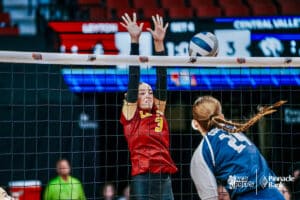 Leyton's Riley Jones (3) tries to block Central Valley's Cayle Grossart (24) during the semi-finals of the 2024 NSAA Volleyball Championships Friday, November 8, 2024, in Lincoln, Nebraska. Photo by Mike Sautter.