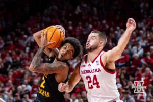 Nebraska Cornhusker guard Rollie Worster (24) guards Bethune-Cookman Wildcat guard Brayon Freeman (2) in the first half during a college baskteball game Saturday, November 9, 2024, in Lincoln, Nebraska. Photo by John S. Peterson.Nebraska Cornhusker guard Rollie Worster (24) guards Bethune-Cookman Wildcat guard Brayon Freeman (2) in the first half during a college baskteball game Saturday, November 9, 2024, in Lincoln, Nebraska. Photo by John S. Peterson.