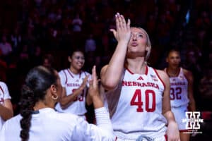 Nebraska Cornhusker center Alexis Markowski (40) blows a kiss when introduced to the fans during a college basketball game against the Southern Lady Jaguars on Tuesday, November 12, 2024, in Lincoln, Nebraska. Photo by John S. Peterson.