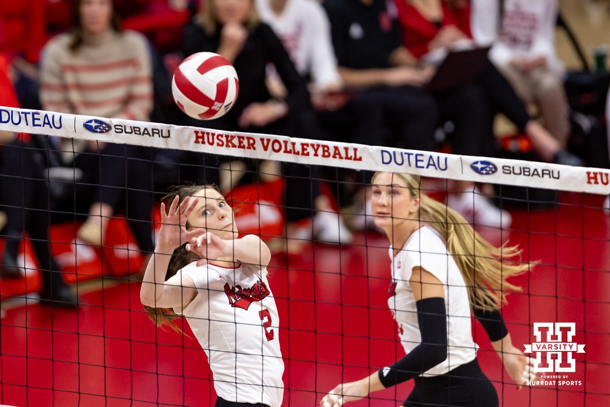 Nebraska Cornhusker Bergen Reilly (2) tips the ball over the net against the Minnesota Golden Gophers in the fourth set during a college volleyball match Thursday, November 14, 2024, in Lincoln, Nebraska. Photo by John S. Peterson.