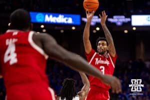 Nebraska Cornhusker guard Brice Williams (3) shoot against the Creighton Bluejays in the first half during a college basketball game Friday, November 22, 2024 in Omaha, Nebraska. Photo by John S. Peterson.