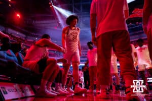 Nebraska Cornhuskers Braxton Meah (34) gives Rollie Worster (24) five during introductions before taking on the South Dakota Coyotes in a college basketball game Wednesday, November 27, 2024, in Lincoln, Nebraska. Photo by John S. Peterson.