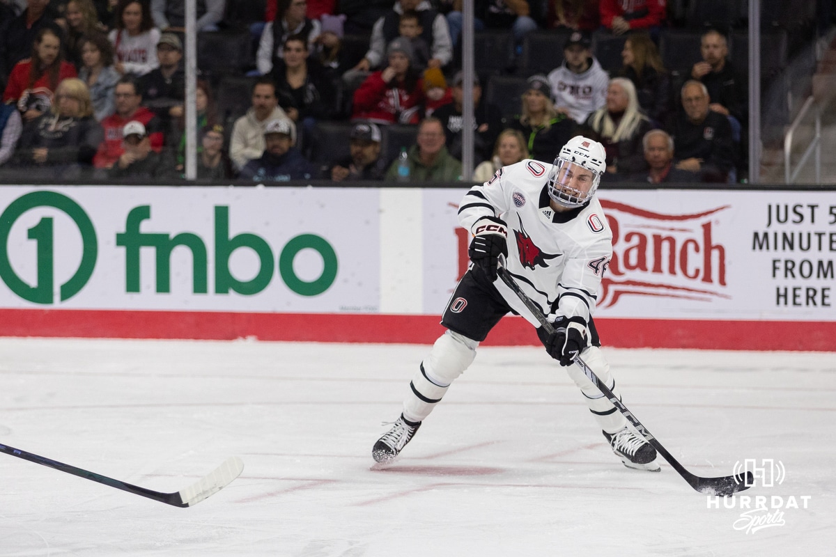 Omaha Maverick defenseman Dylan Gratton (46) during a college hockey match against Western Michigan Friay, November 8, 2024 in Omaha, Nebraska. Photo by Jaelle Johnson.