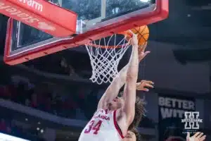 Nebraska Cornhusker center Braxton Meah (34) dunks the ball against UT Rio Grande Valley Vaqueros in the first half during a college baskteball game Monday, November 4, 2024, in Lincoln, Nebraska. Photo by John S. Peterson.