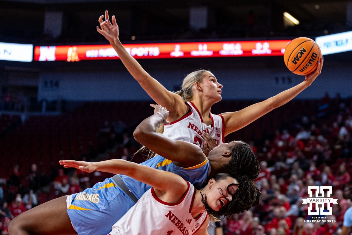 Nebraska Cornhusker forward Natalie Potts (22) reaches for a rebound during the first half against the Southern Lady Jaguars in a college basketball game Tuesday, November 12, 2024, in Lincoln, Nebraska. Photo by John S. Peterson.