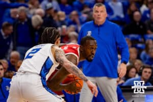 Nebraska Cornhusker forward Juwan Gary (4) dribbles the ball against Creighton Bluejay guard Pop Isaacs (2) in the first half during a college basketball game Friday, November 22, 2024 in Omaha, Nebraska. Photo by John S. Peterson.