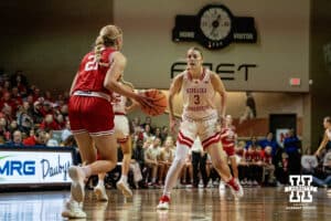 Nebraska Cornhusker guard Allison Weidner (3) guards South Dakota Coyote guard Coral Mason (3) during a college women's basketball game Saturday, November 16, 2024 in Sioux Falls, South Dakota. Photo by Collin Stilen.