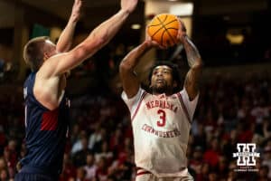 Nebraska Cornhusker guard Brice Williams (3) takes a shot against the St. Mary's Gaels during a college basketball game Sunday, November 17, 2024 in Sioux Falls, South Dakota.