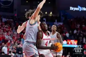 Nebraska Cornhusker forward Juwan Gary (4) drives to the basket agianst UT Rio Grande Valley Vaqueros forward Tommy Gankhuyag (33) in the first half during a college baskteball game Monday, November 4, 2024, in Lincoln, Nebraska. Photo by John S. Peterson.