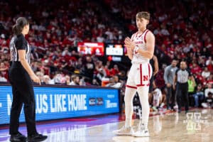 Nebraska Cornhusker guard Connor Essegian (0) reacts to having a foul called on him in the first half against the Bethune-Cookman Wildcats during a college baskteball game Saturday, November 9, 2024, in Lincoln, Nebraska. Photo by John S. Peterson.