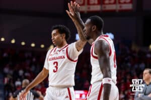 Nebraska Cornhusker forward Juwan Gary (4) gets a high five after making a jump shot against the Fairleigh Dickinson Knights in the first half during a college basketball game Wedday, November 13, 2024, in Lincoln, Nebraska. Photo by John S. Peterson.