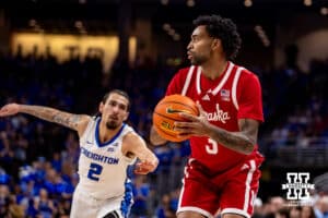 Nebraska Cornhusker guard Brice Williams (3) takes a shot against Creighton Bluejay guard Pop Isaacs (2) in the first half during a college basketball game Friday, November 22, 2024 in Omaha, Nebraska. Photo by John S. Peterson.