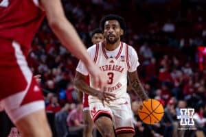 Nebraska Cornhuskers guard Brice Williams (3) drives to the basket against the South Dakota Coyotes in the first half during a college basketball game Wednesday, November 27, 2024, in Lincoln, Nebraska. Photo by John S. Peterson.