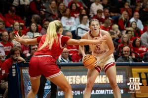 Nebraska Cornhusker guard Kendall Moriarty (15) looks to pass against the South Dakota Coyotes during a college women's basketball game Saturday, November 16, 2024 in Sioux Falls, South Dakota. Photo by Collin Stilen.