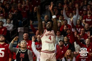 Nebraska Cornhusker guard Brice Williams (3) takes a three-point shot against the St. Mary's Gaels during a college basketball game Sunday, November 17, 2024 in Sioux Falls, South Dakota.