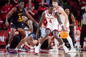 Nebraska Cornhusker forward Juwan Gary (4) switches directions on the Bethune-Cookman Wildcats defender in the first half during a college baskteball game Saturday, November 9, 2024, in Lincoln, Nebraska. Photo by John S. Peterson.