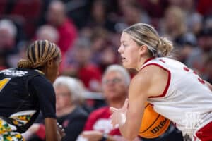 Nebraska Cornhusker guard Allison Weidner (3) dribbles the ball against SE Louisiana Lady Lion guard Demi Gentry (4) during a women’s college baskteball game Saturday, November 9, 2024, in Lincoln, Nebraska. Photo by John S. Peterson.