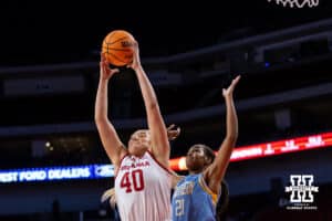 Nebraska Cornhusker center Alexis Markowski (40) grabs the rebound against Southern Lady Jaguar center Tionna Lidge (21) in the first half during a college basketball game Tuesday, November 12, 2024, in Lincoln, Nebraska. Photo by John S. Peterson.