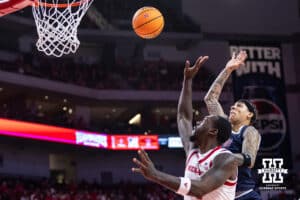 Nebraska Cornhusker forward Juwan Gary (4) makes a layup against the Fairleigh Dickinson Knights in the first half during a college basketball game Wedday, November 13, 2024, in Lincoln, Nebraska. Photo by John S. Peterson.