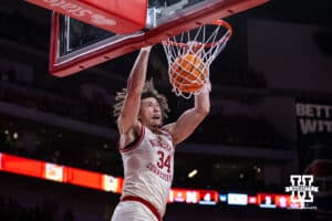 Nebraska Cornhuskers center Braxton Meah (34) dunks the ball against the South Dakota Coyotes during a college basketball game Wednesday, November 27, 2024, in Lincoln, Nebraska. Photo by John S. Peterson.