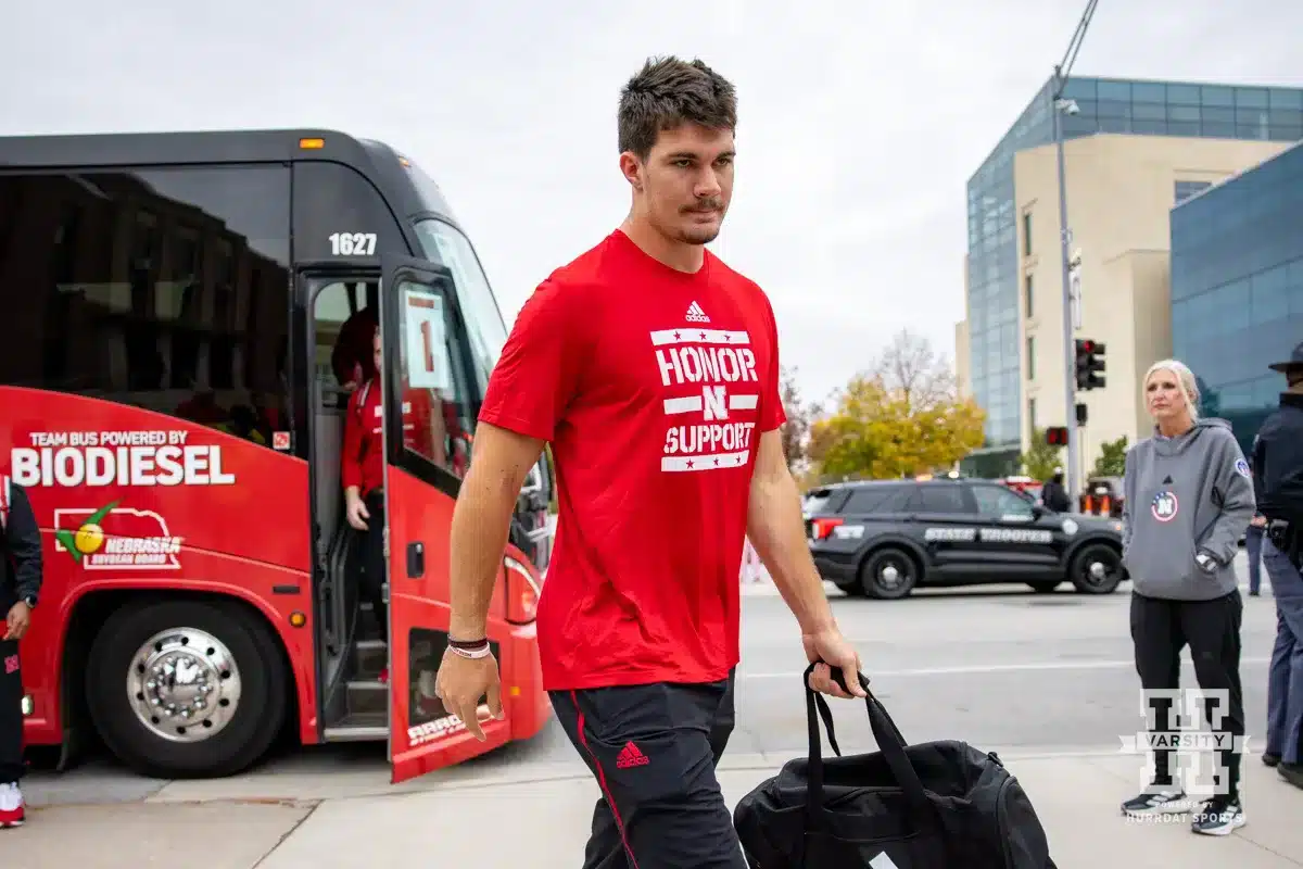 Nebraska Cornhusker quarterback Heinrich Haarberg (10) walks to the stadium in the Legacy Walk before the college football game against the UCLA Bruins Saturday, November 2, 2024, in Lincoln, Nebraska. Photo by John S. Peterson.
