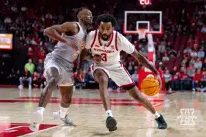 Nebraska Cornhusker guard Brice Williams (3) drives to the lane against UT Rio Grande Valley Vaqueros guard DK Thorn (3) in the first half during a college baskteball game Monday, November 4, 2024, in Lincoln, Nebraska. Photo by John S. Peterson.