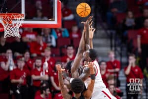 Nebraska Cornhusker forward Juwan Gary (4) fouled going for a lay up against Bethune-Cookman Wildcats in the first half during a college baskteball game Saturday, November 9, 2024, in Lincoln, Nebraska. Photo by John S. Peterson.