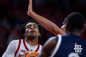 Nebraska Cornhusker guard Brice Williams (3) drives to the basket against the Fairleigh Dickinson Knights in first half during a college basketball game Wednesday, November 13, 2024, in Lincoln, Nebraska. Photo by John S. Peterson.