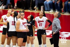 Nebraska Cornhuskers challenge a call against the Wisconsin Badgers in the first set during a college volleyball match Saturday, November 23, 2024 in Lincoln, Nebraska. Photo by John S. Peterson.