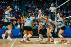 Shelton celebrates during the semi-finals of the 2024 NSAA Volleyball Championships Friday, November 8, 2024, in Lincoln, Nebraska. Photo by Mike Sautter.