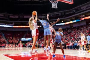 Nebraska Cornhusker forward Natalie Potts (22) grabs the rebound against Southern Lady Jaguar guard Jocelyn Tate (10) in the first half during a college basketball game Tuesday, November 12, 2024, in Lincoln, Nebraska. Photo by John S. Peterson.