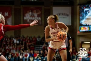 Nebraska Cornhusker forward Kendall Coley (32) looks for the pass against the South Dakota Coyotes during a college women's basketball game Saturday, November 16, 2024 in Sioux Falls, South Dakota. Photo by Collin Stilen.