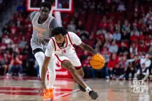 Nebraska Cornhusker guard Brice Williams (3) dribbles the ball against UT Rio Grande Valley Vaqueros guard Hasan Abdul Hakim (14) in the first half during a college baskteball game Monday, November 4, 2024, in Lincoln, Nebraska. Photo by John S. Peterson.