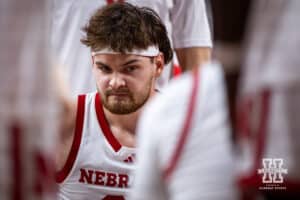 Nebraska Cornhusker forward Andrew Morgan (23) sitting in the huddle at time out against the Bethune-Cookman Wildcats in the first half during a college baskteball game Saturday, November 9, 2024, in Lincoln, Nebraska. Photo by John S. Peterson.