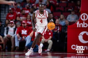 Nebraska Cornhusker forward Juwan Gary (4) dribbles the ball against the Fairleigh Dickinson Knights in the first half during a college basketball game Wednesday, November 13, 2024, in Lincoln, Nebraska. Photo by John S. Peterson.