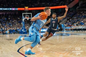 Steven Ashworth drives to the basket during a college basketball game November 10th, 2024 in Omaha Nebraska .Photo by Brandon Tiedemann.