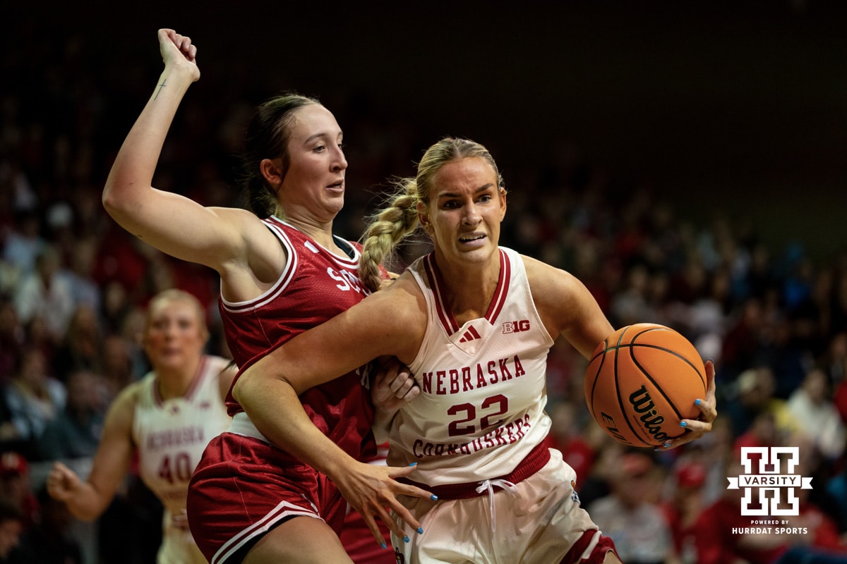 Nebraska Cornhusker forward Natalie Potts (22) drives to the basket against the South Dakota Coyotes during a college women's basketball game Saturday, November 16, 2024 in Sioux Falls, South Dakota. Photo by Collin Stilen.