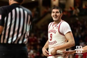 Nebraska Cornhusker forward Berke Buyuktuncel (9) smiles at the referee during a college basketball game against the St. Mary's Gaels Sunday, November 17, 2024 in Sioux Falls, South Dakota.